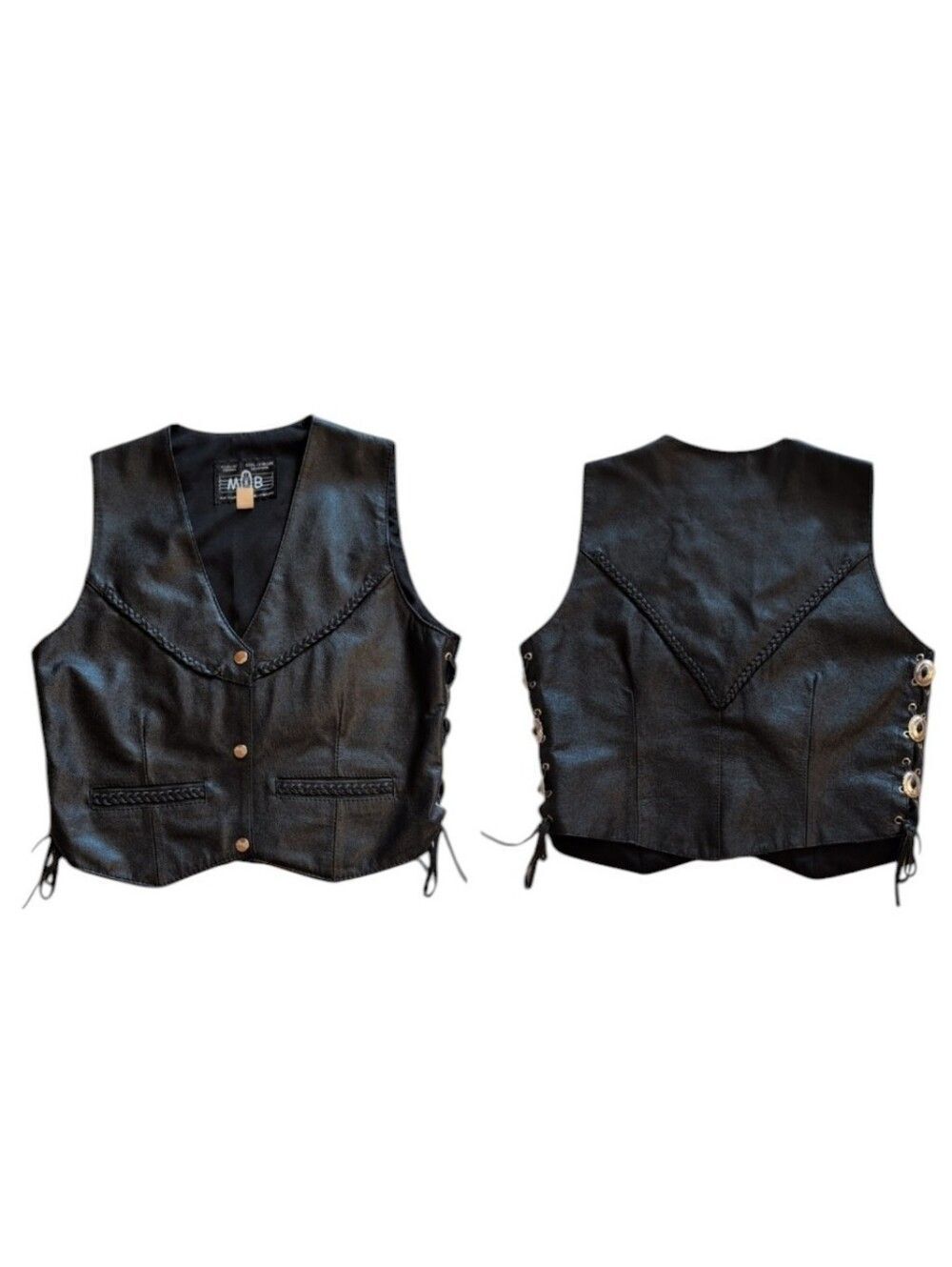 MOB Genuine Leather Biker Western Vest Lace Up Concho Sides Black Snap Front M
